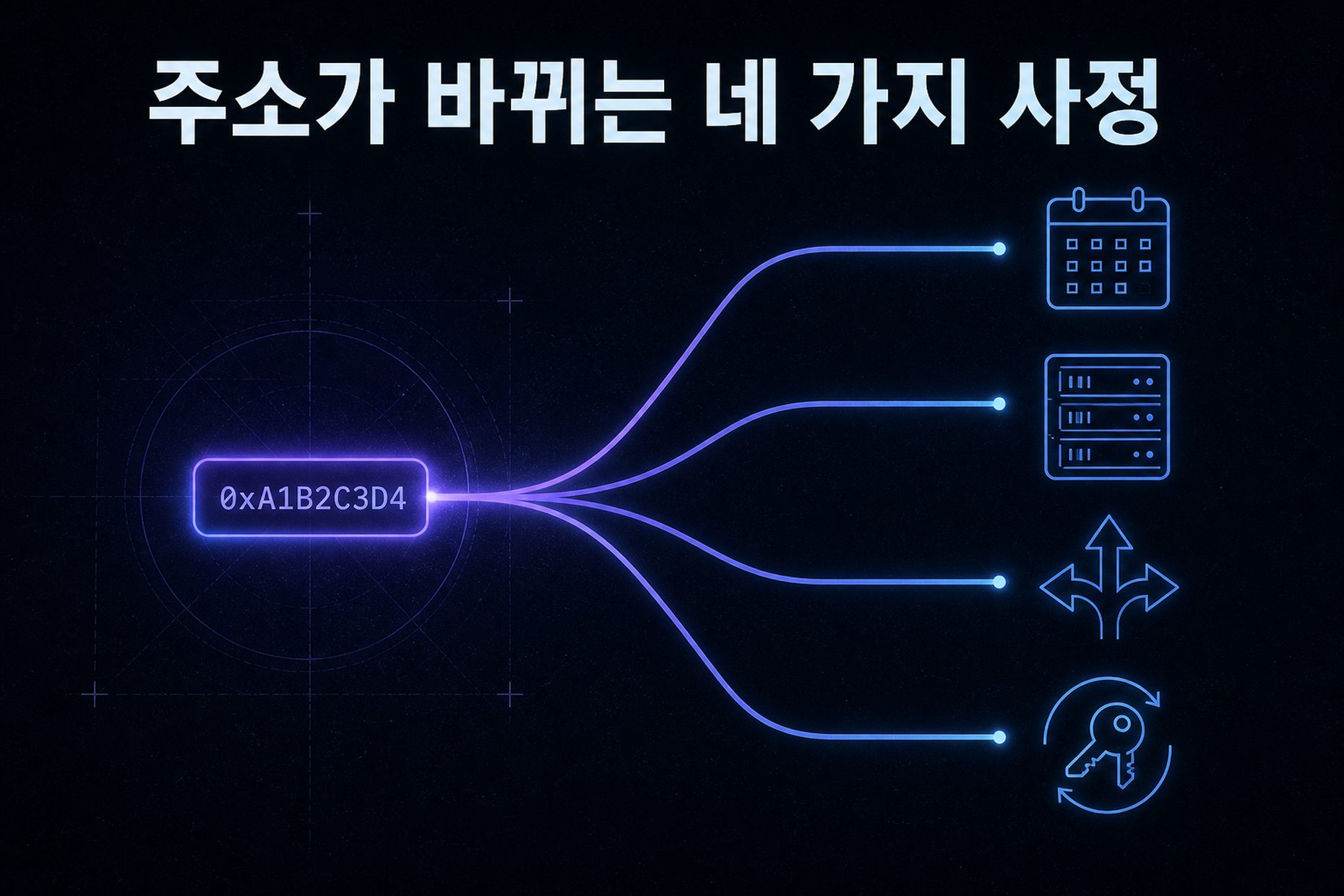 주소가 달력·서버·분산·교체 네 갈래로 나뉘는 주소가 바뀌는 네 가지 사정 다이어그램